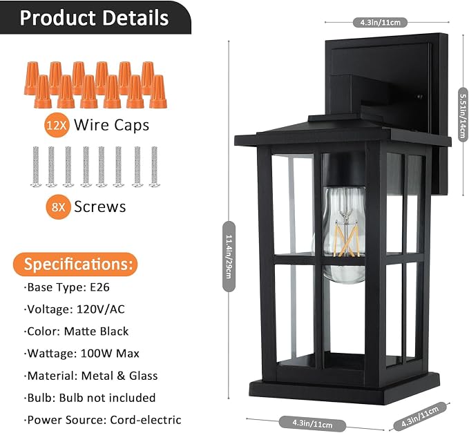 2-Pack Outdoor Wall Light Fixtures, Exterior Porch Lights, Black | Waterproof, Rust-Resistant, Aluminum Frame & Tempered Glass, Easy to Install, Ideal for Front Door, Garage