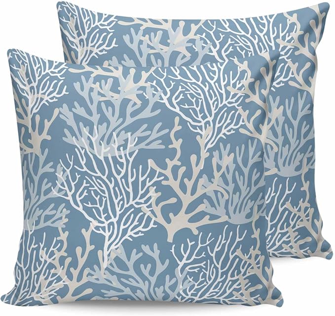 Pack of 2 Outdoor Pillow Covers 16x16 Waterproof Blue Coral Coastal Throw Pillow Covers, Decorative Pillowcases Nautical Ocean Marine Organism Cushion Covers for Patio Garden Couch Pillow Case