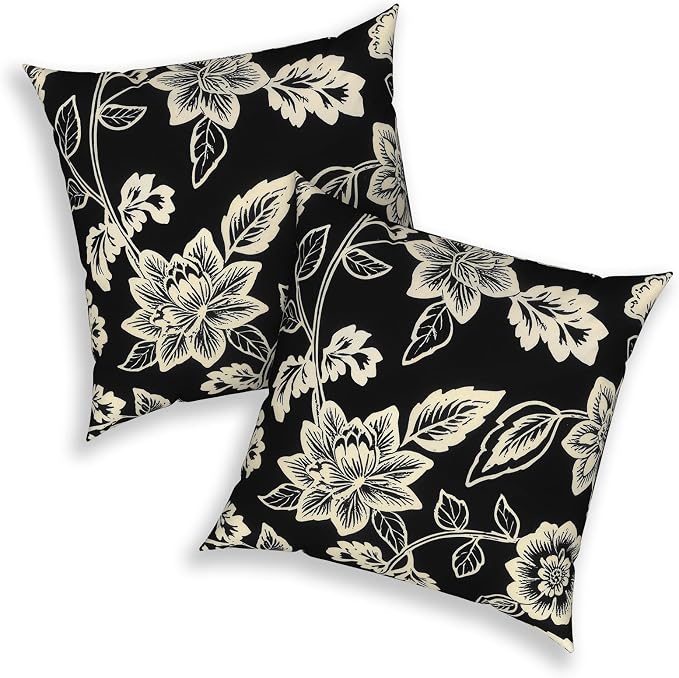 Outdoor 20x20 Inch Throw Pillows with Inners, Square Pillows Decorative Set of 2 for Home Garden Furniture, Elegant Vines Black