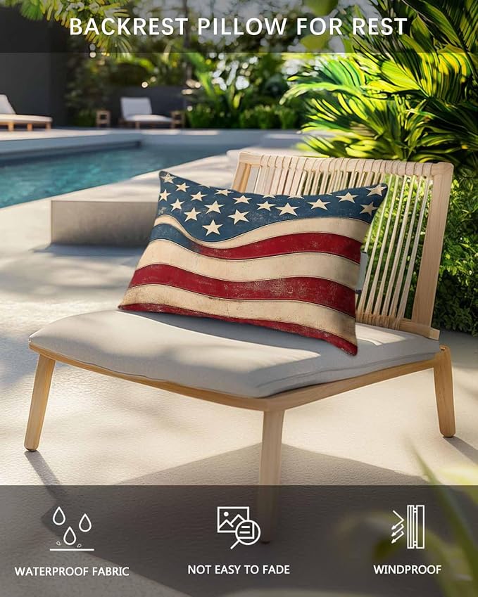 Pack of 2 Outdoor Lumbar Pillow Covers 12x20 Inch, Vintage American Flag Waterproof Throw Pillow Covers Set, Blue Red White Star US Flag Indoor&Outdoor Decorative Cushion Cases for Patio Porch Beach