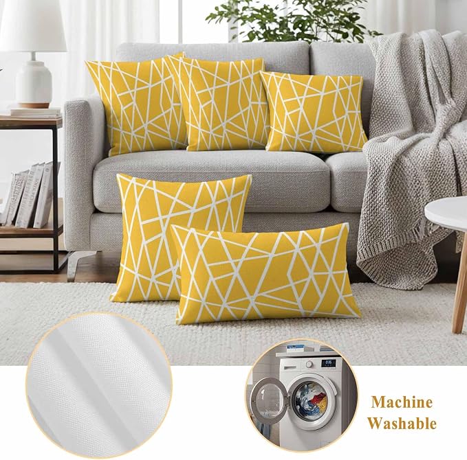 Outdoor Pillow Covers Waterproof, Yellow Geometric Decorative Square Throw Pillowcases Patio Cushion Covers for Tent/Garden, 20" x 20" 2 Pack, Abstract Stripes Modern Minimalist