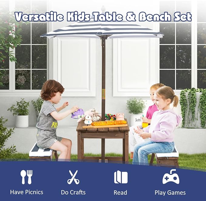 KOTEK Kids Picnic Table with Umbrella Foldable, Backyard Wooden Table & Bench Set w/Removable Cushions, Activity Art Play Table, Indoor Outdoor Toddler Picnic Table for Patio, Lawn & Garden (Blue)