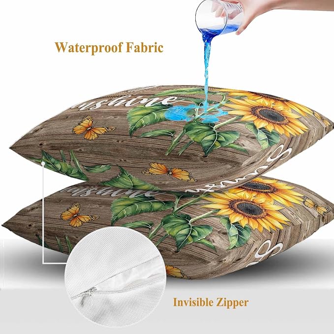 Sunflower Outdoor Waterproof Throw Pillow Covers Set of 2, 26"x26", You are My Sun Shine Vintage Brown Wood Board Decorative Pillow Covers Outside Cushion Case for Patio Porch Garden