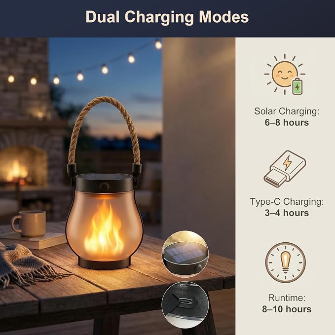 Solar Lanterns Outdoor Waterproof 6-Pack, Flickering Flame Effect | Rechargeable lanterns with USB-C charging, a decorative hanging design, and dusk-to-dawn use for patios, porches and gardens