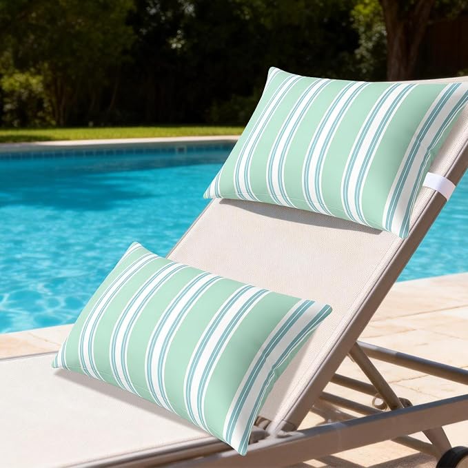 Outdoor Pillows for Lounge Chair Head Resting 2 Pack Waterproof | Headrest Lumbar Pillows with Adjustable Strap for Recliner Beach Pool Lounger Chair, Green