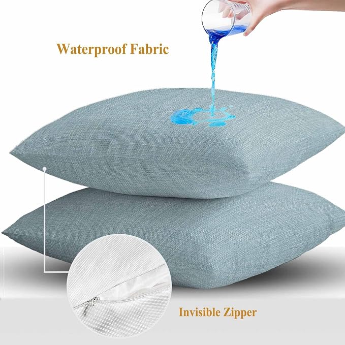 Outdoor Waterproof Throw Pillow Covers Set of 2 Blue Linen Pillowcases 24x24 Inches Farmhouse Pure Color Decorative Pillows Cushion Case Patio Pillows for Couch Bed Chair Garden