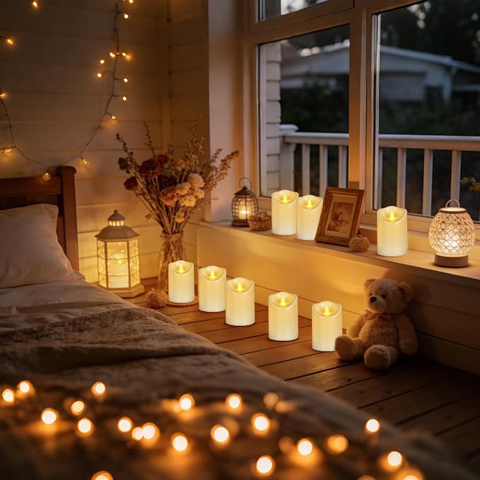 Bulk Set of 12 Outdoor Flameless Candles, Patented 3D Dual-LED Resin Pillars with 2 Remotes, Pure White Waterproof Non-Melting Battery Operated Wedding Aisle Decor, (White, D3 X H6)