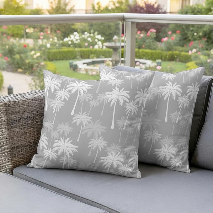 Throw Pillow Covers 26x26 Inch Set of 2, Tropical Palm Tree Waterproof Outdoor Pillow Covers, Gray White Plants Coastal Leaf Beach Decorative Cushion Pillowcases for Couch, Sofa, Bed, Garden, Patio