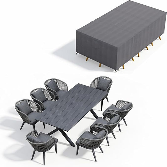 PURPLE LEAF 9 Pieces Patio Dining Set with Waterproof Furniture Cover Rectangular Table and Chairs Set for Garden Deck Aluminum Frame Backyard Kitchen Set, Cushions and Pillows Included Grey