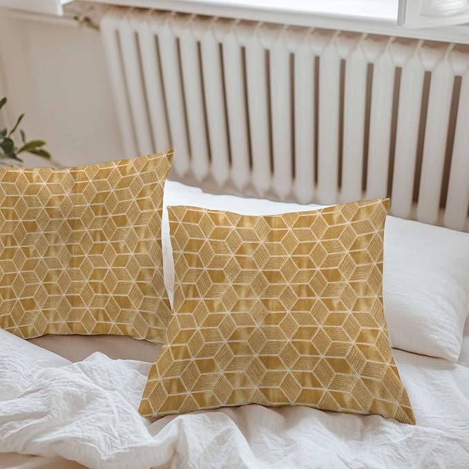 Tan Honeycomb Tiling Waterproof Outdoor Pillow Covers Set of 2 Home Decor, Wooden Grain Blocks Lumbar Pillowcase Patio Pillow Covers for Couch Bench Patio Furniture Garden 20x20in