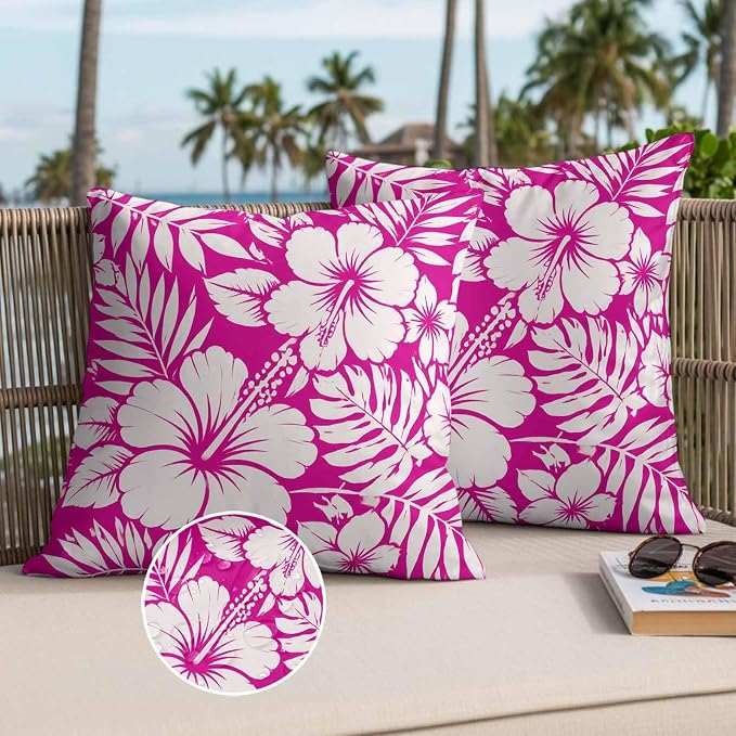Pink Hibiscus Flowers Waterproof Outdoor Pillow Covers Set of 2 Home Decor, Tropical Monstera Leaves Lumbar Pillowcase Patio Pillow Covers for Couch Bench Patio Furniture Garden 20x20in