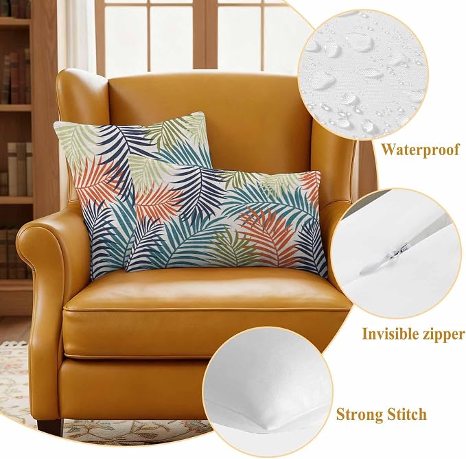 Green Blue Palm Leaves Outdoor Pillow Covers 20"x12" Set of 2, Summer Botanical Vintage Tropical Leaf Rustic Waterproof Throw Pillow Covers for Patio Furniture, Decorative Cushion Covers for Porch