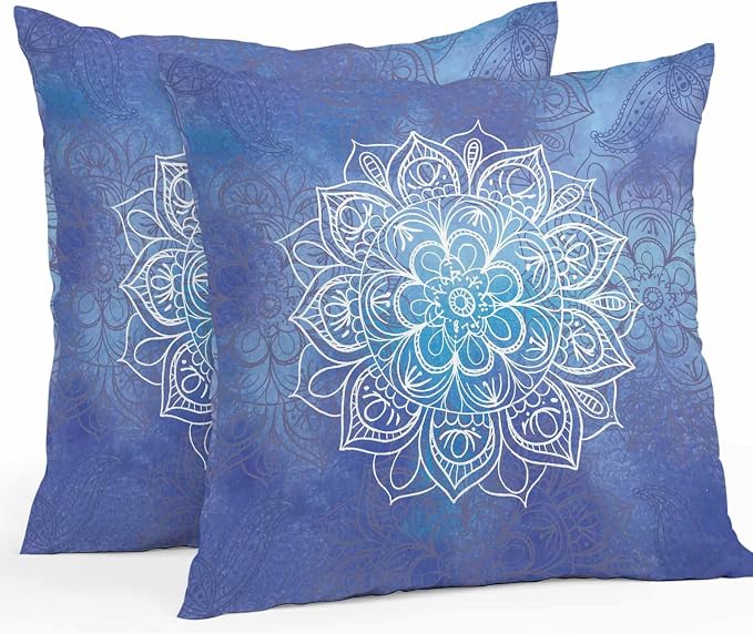 Vandarllin Outdoor Throw Pillows Covers 26x26 inch Set of 2 Waterproof Blue Boho Floral Decorative Zippered Cushion Covers for Patio Furniture, Bohemian Flower Lumbar Pillowcases