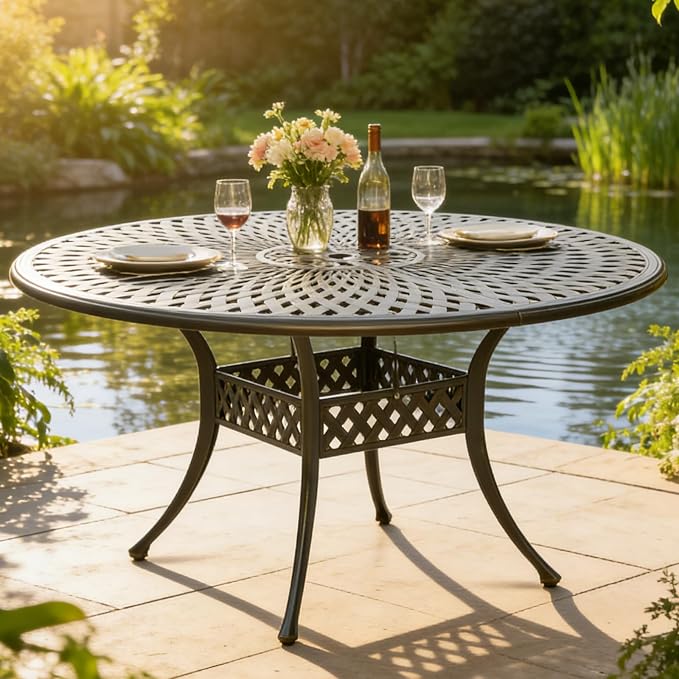 MEETWARM Outdoor 61" Round Patio Dining Table, All Weather Cast Aluminum Large Patio Furniture Table Fits for 6-8 Person with 2" Umbrella Hole, Dark Bronze