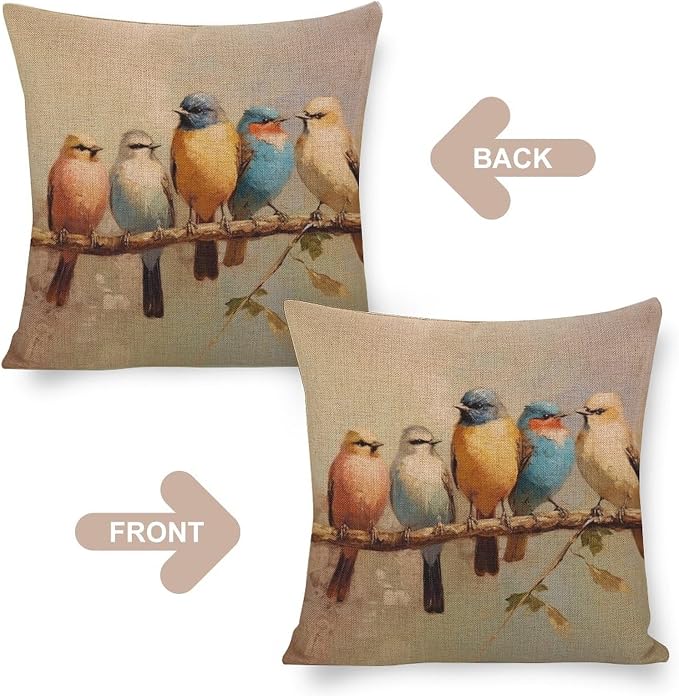 Linen Cushion Case Outdoor Home Decoration Oil Birds Tree Cushion Case Colorful Birds are Sitting on A Branch Throw Pillowcase for Farmhouse Decor Room Bedroom Sofa Chair Car 16"x16"