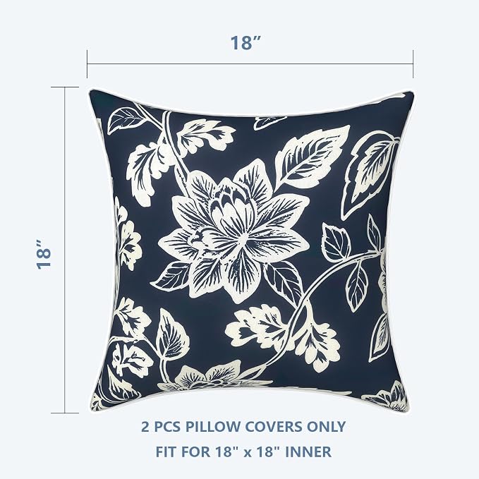 LVTXIII Outdoor Throw Pillow Covers Set of 2, Patio Waterproof Pillow Cases Fade Resistant Accent Pillow Covers for Home and Garden Furniture Decoration, 18"x18", Elegant Vines Navy