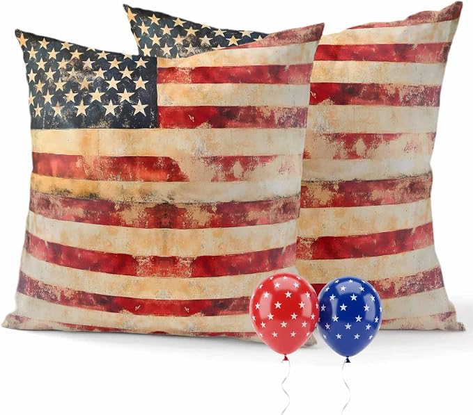 Independence Day Outdoor Pillow Covers 18"x18" Set of 2, Retro Country American Flag Waterproof Throw Pillow Covers for Patio Furniture, Decorative Cushion Covers for Porch