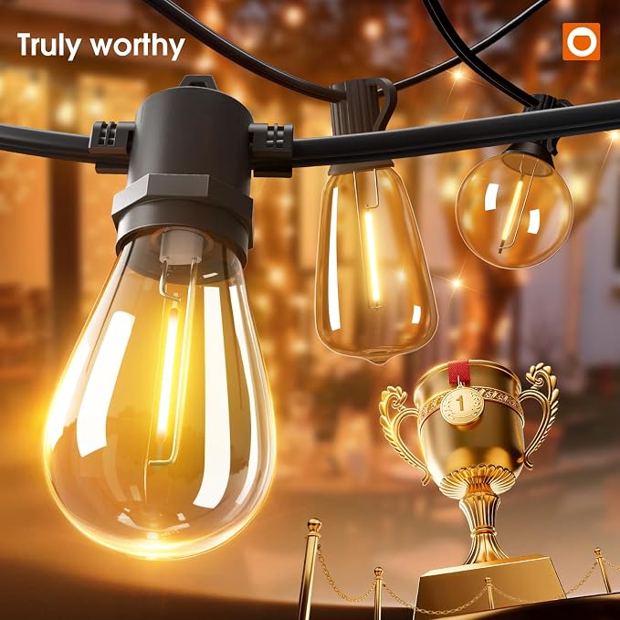 addlon 48FT Outdoor String Lights with 24 Dimmable Edison Bulbs for Patio | UL Listed, Remote Control. Waterproof Shatterproof Bulbs, Timer, Linkable, 2700K Warm White. Backyard, Pergola, Deck, Garden.