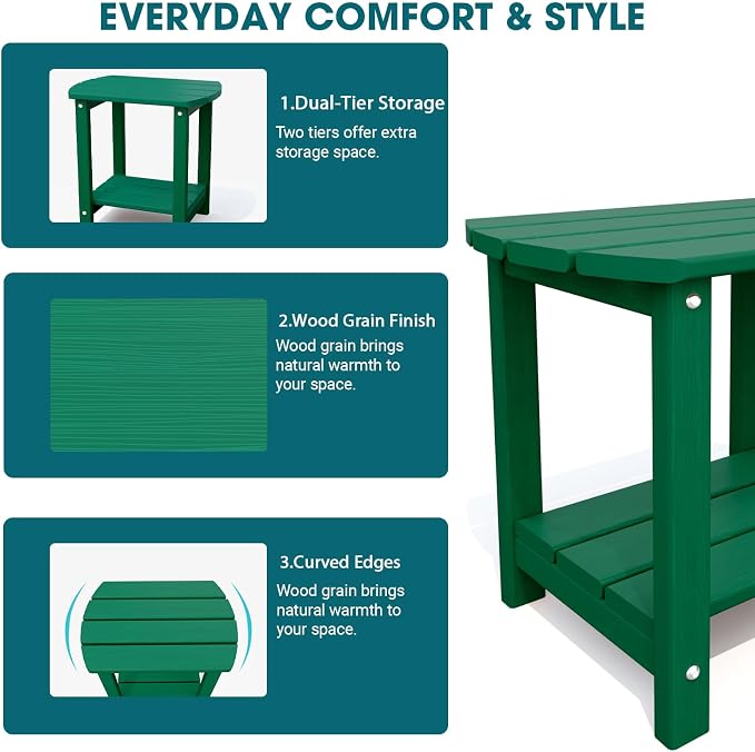 THOEOE Adirondack Outdoor Side Table, 2-Tier Sturdy Patio End Table Weather Resistant, Morden Side Table for Patio, Pool, Porch, Green