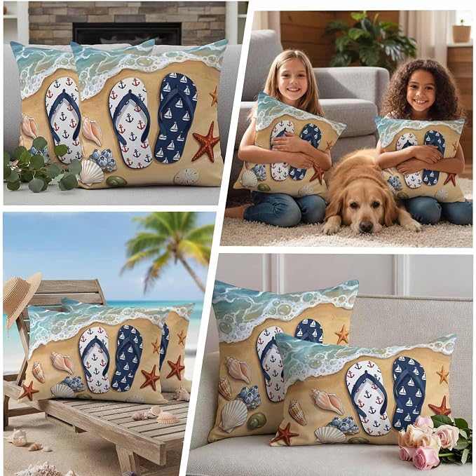 Blue Beige Seaside Outdoor Waterproof Throw Pillow Covers 18x18 Set of 2, Coastal Waves Starfish Summer Beach Nautical Decorative Pillowcases Cushion Pillowcase for Couch Sofa Patio Pillow Protector