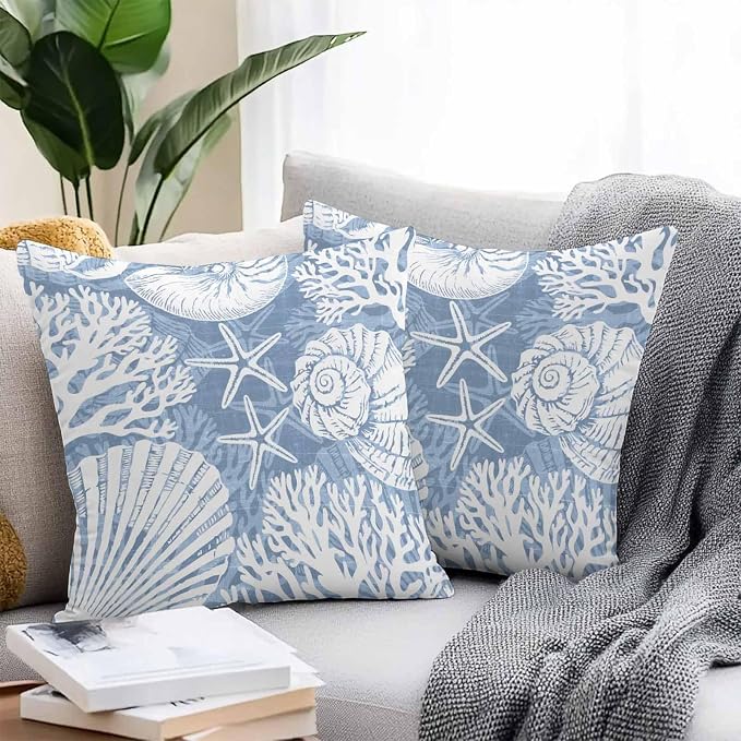 Outdoor Pillow Covers 18x18 Inch Set of 2, Lake Blue Starfish Coastal Waterproof Throw Pillow Covers, Summer Coral Shell Beach Nautical Decorative Cushion Pillowcases for Couch Sofa Bed Garden Patio