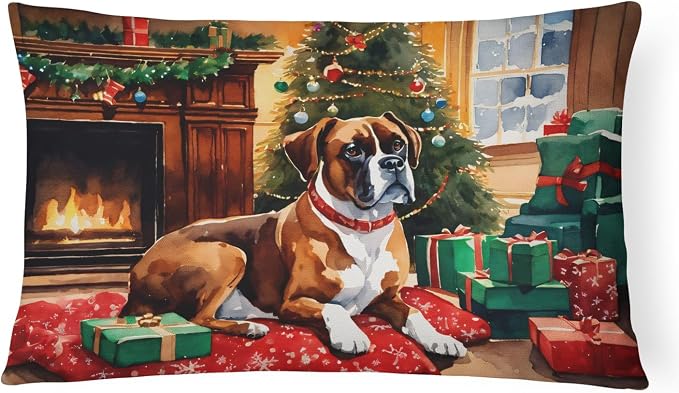 Caroline's Treasures DAC2621PW1216 Boxer Cozy Christmas Throw Pillow Machine Washable, Indoor Outdoor Decorative Pillow for Couch, Bed or Patio, 12HX16W