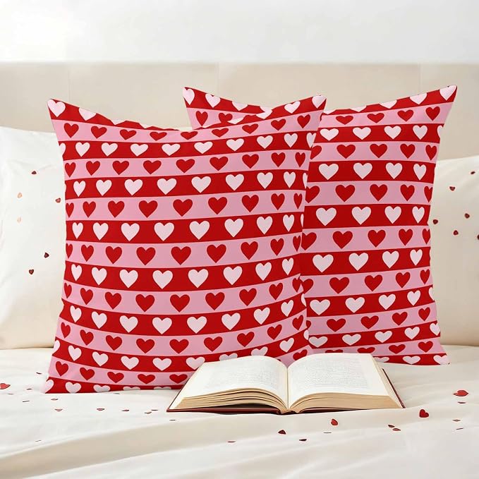 Outdoor Waterproof Throw Pillow Covers, Valentine's Day Decorative Pillow Cases, Romantic Pink Red Love Heart Stripes Couch Pillow Protector Patio Sofa Cushion Covers Replacement 24"x24" 2 Pack