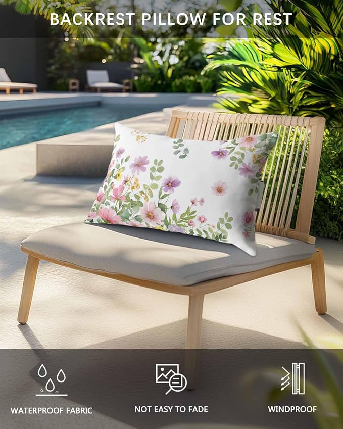 Pink Spring Floral Outdoor Pillows with Insert 11x16 Inch Watercolor Botanical Wildflowers Waterproof Headrest Pillows with Adjustable Strap Lounger Chair Throw for Patio Furnitures, 2 Pack