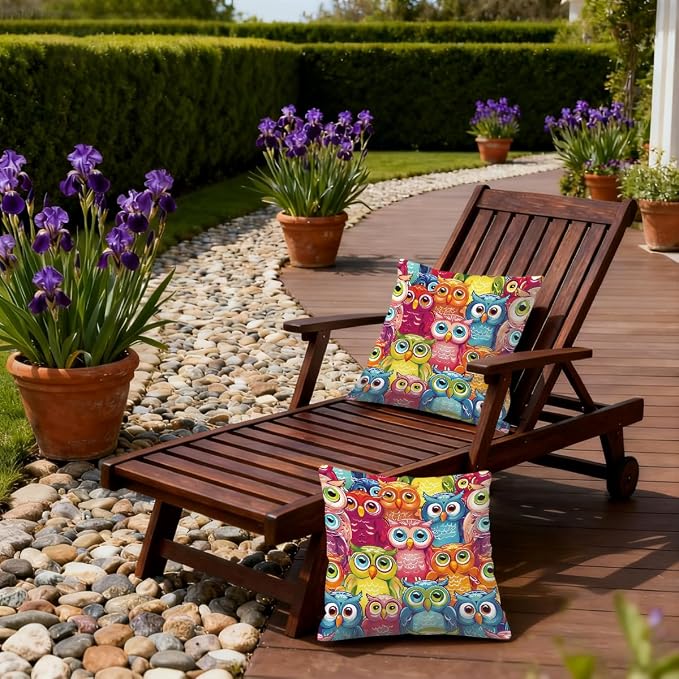 18x18 Inch Outdoor Pillow Covers Set of 2 Waterproof Throw Pillow Covers Decorative Couch Cushion Covers Colorful Cute Owl Square Pillowcases Protectors for Patio Garden Sofa