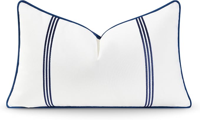 Hofdeco Premium Coastal Hampton Style Patio Indoor Outdoor Lumbar Pillow Cover Only, 12"x20" Water Resistant for Backyard, Couch, Navy Blue Embroidered Vertical Line