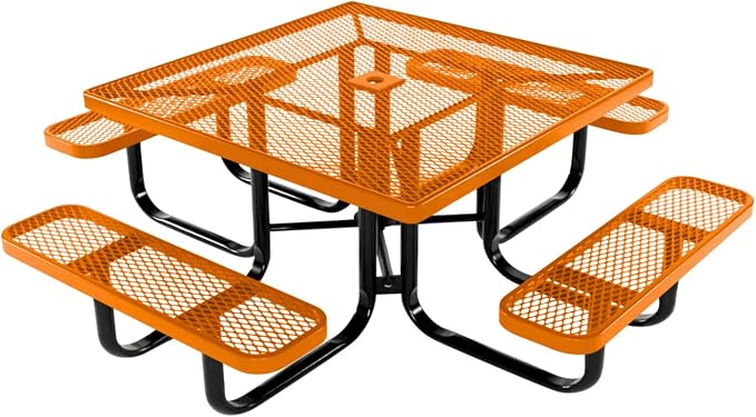 COATEDOUTDOORFURNITURE Heavy-Duty Portable Outdoor Kids Table with Umbrella Hole, Expanded Metal Kids Picnic Table, Commercial-Grade, Made in America (46 in, Square, Childrens, Textured Orange)