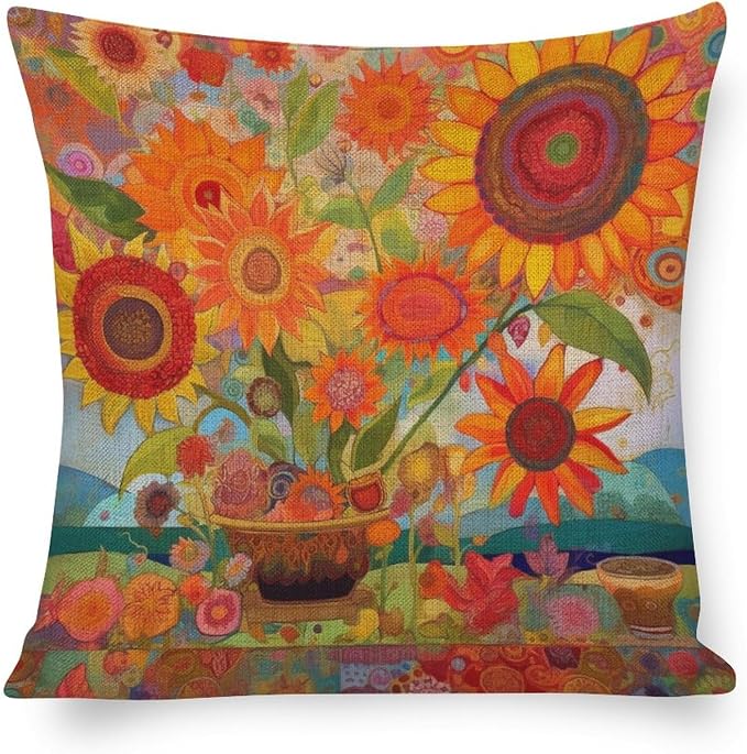 Zippered Pillow Cover Beautiful Flower Pattern Pillow Case Colorful Painting of Sunflowers Large Couch Pillows Pillows for Couch Sofa Patio Furniture Home Decor 20"x20" Cutton Linen Cushion Cases