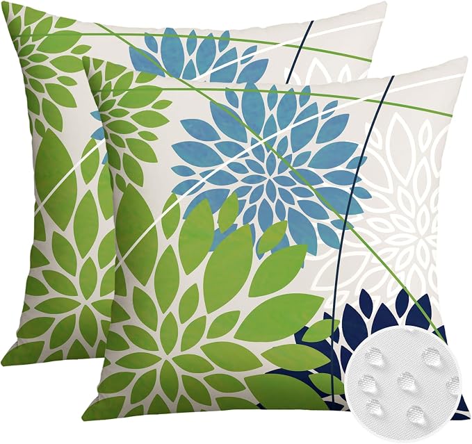 OTOSTAR Outdoor Green Blue Pillow Covers 20x20 Inch Set of 2 Dark Blue Flower Throw Pillows Farmhouse Geometric Dahlia Floral Square Cushion Case Waterproof Decor for Sofa Patio Funiture Garden