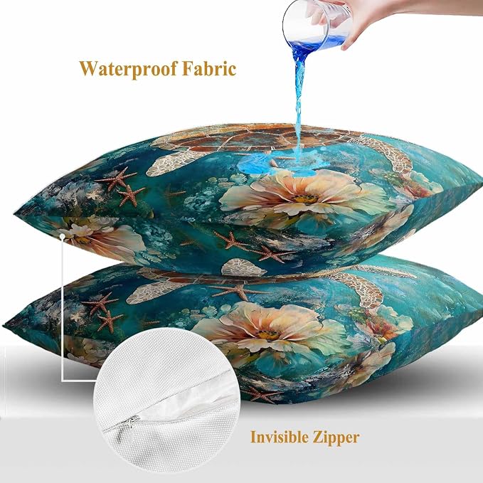 Ocean Turtle Outdoor Waterproof Throw Pillow Covers Set of 2, 26"x26", Marine Life Retro Starfish Coral Abstract Decorative Pillow Covers Outside Cushion Case for Patio Porch Garden