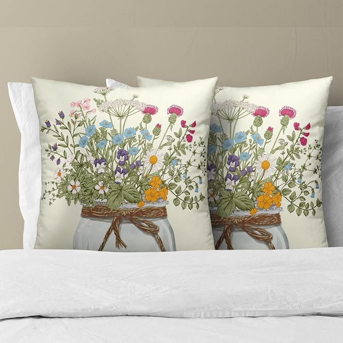Wildflower Throw Pillow Covers 18x18 Inch Set of 2 Flowers Leaves Bouquet Vase Spring Summer Seasonal Decor Cushion Cover for Bedroom Sofa Living Room Couch Bench Outdoor