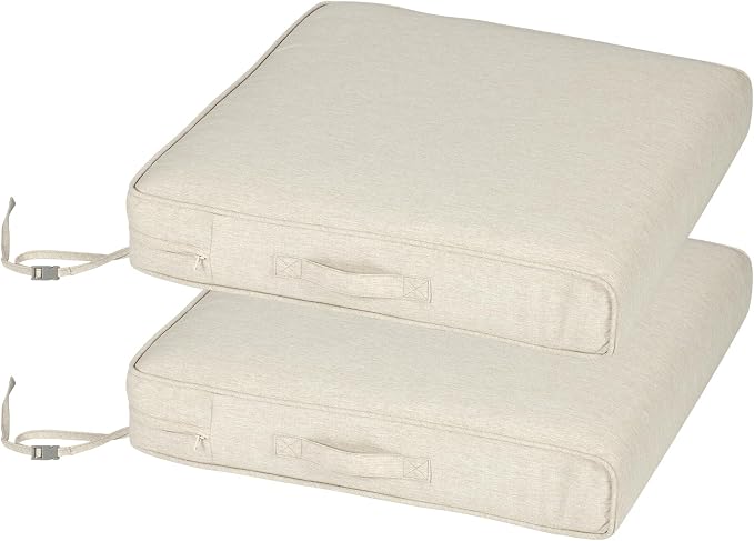 Aoodor Patio Chair Cushions Set of 2, 24 x 24 x 4 Inch Water Resistant Outdoor Seat Cushions with Handle and Ties, Square Corner Cushions for Patio Furniture Garden Lawn, Kahaki