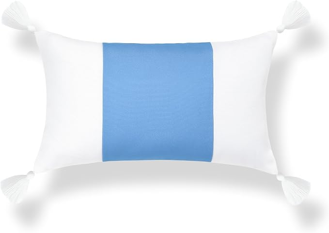 Hofdeco Premium Coastal Hampton Patio Indoor Outdoor Lumbar Pillow Cover Only, 12"x20" Water Repellent for Backyard, Couch, Poolside, Azure Blue Print Color Block