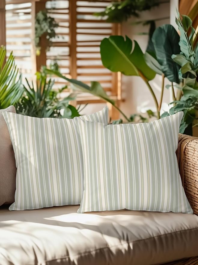 Waterproof Outdoor Pillow Set of 2 Sage Green Stripes Decorative Throw Pillows Cover & Insert 16x16 Inch Pillowcase White Lines Lines Square Pillows for Couch Sofa Bed Patio Furniture Indoor Outdoor