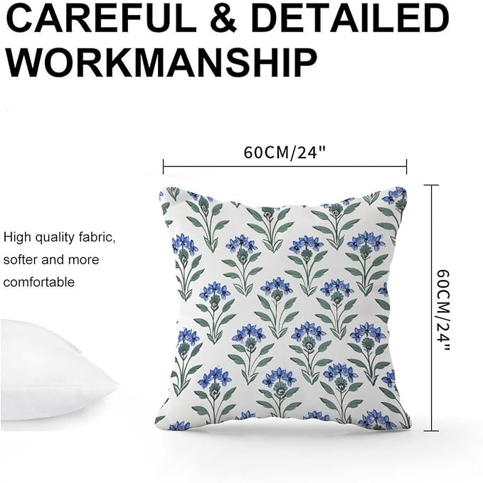 Mughal Flower Pillow Cover Blue Lotus Floral Throw Pillow Cover Classic Square Couch Sofa Cushion Covers for Patio Furniture Garden 24x24 in