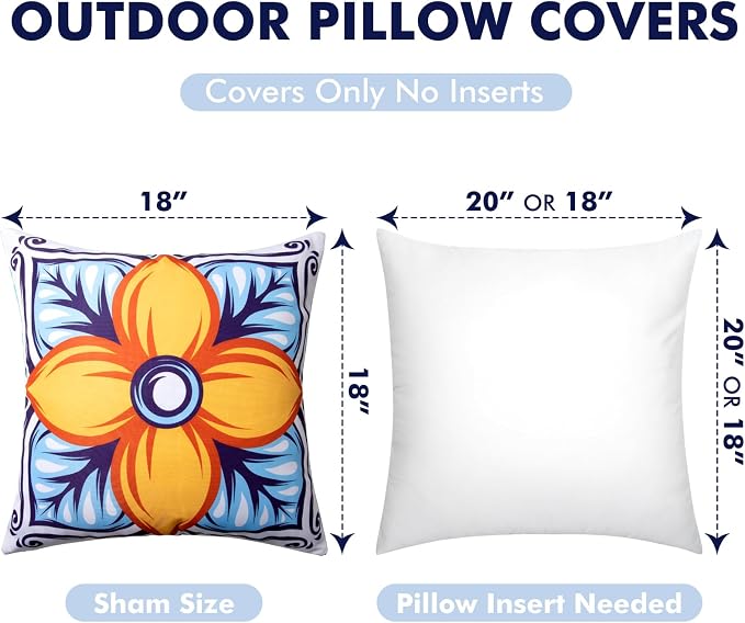 Waterproof Outdoor Pillow Covers, 4 Pack 18x18 Throw Pillow Covers | Blue Orange Decorative Pillow Covers, Floral & Boho Print, Waterproof & Fade Resistant, Cushion Case for Patio Furniture
