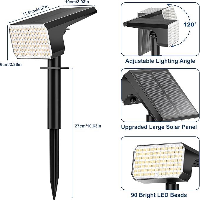 LANSOW 12 Pack Solar Spot Lights Outdoor Waterproof IP67, (90 LED/4 Modes) Solar Landscape Spotlights, 2-in-1 Solar Powered Flood Lights for Yard Garden Pathway Outside Tree, Auto ON/Off(Warm White)