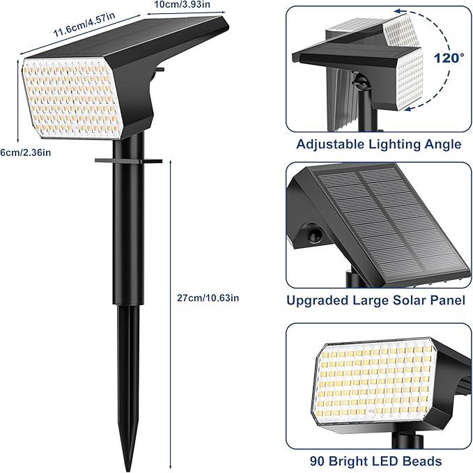 LANSOW Solar Spot Lights Outdoor Waterproof IP67, (2 Pack/90 LED/4 Modes) Solar Landscape Spotlights, 2-in-1 Solar Powered Flood Lights for Yard Garden Pathway Outside Tree, Auto ON/Off(Warm White)
