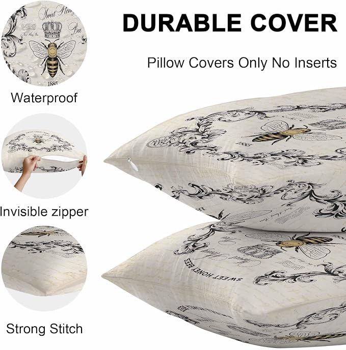 Vandarllin Outdoor Throw Pillows Covers 26x26 inch Set of 2 Waterproof Sweet Honey Bees Decorative Zippered Cushion Covers for Patio Furniture, Floral Crown Wreath Vintage Lumbar Pillowcases