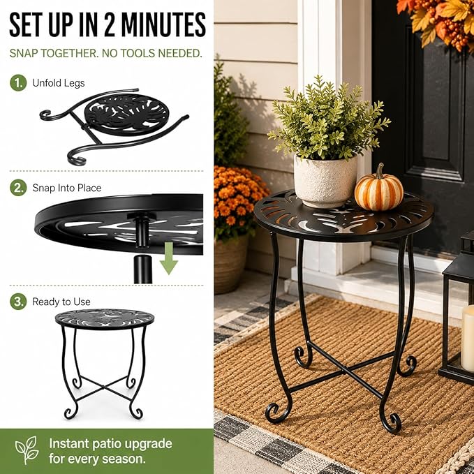 Outdoor Side Table 15 Inch Tall, Tool-Free Metal Patio End Table with Monstera Design, Space Saving Round Stand for Porch Balcony Garden (Monstera)