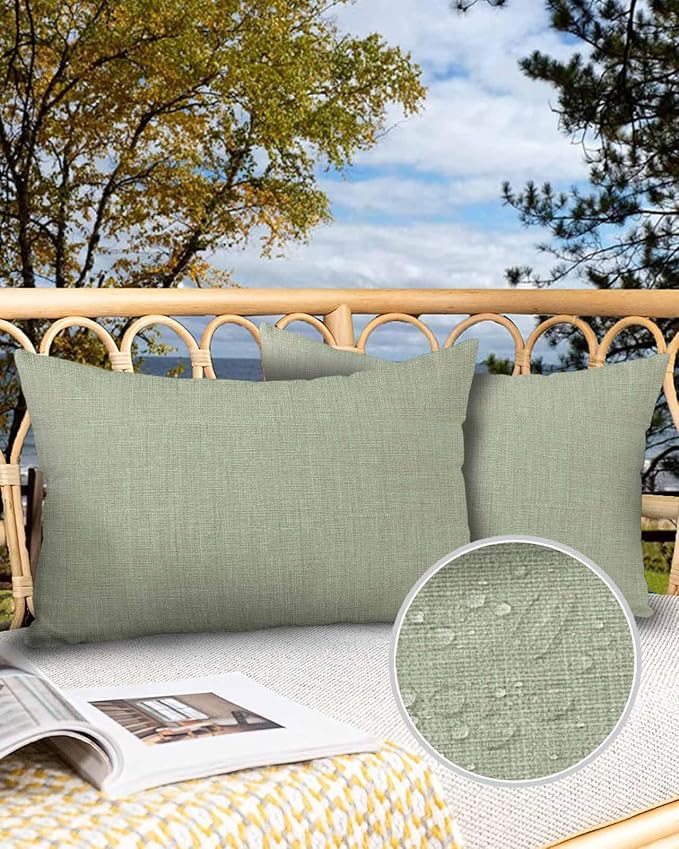 Outdoor Waterproof Throw Pillows Vintage Sage Green Linen Style Patio Pillows Pack of 2,Decorative Pillow Covers with Insert,Pillow Cushion Case for Garden Couch Sofa Country Pastoral Solid Color