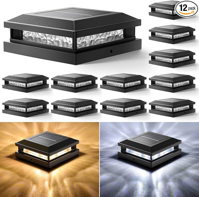 Solar Post Cap Lights 12 Pack, Upgraded Outdoor Fence Post Lights for 4x4 4.5x4.5 5x5 Vinyl/Wood Posts, Black Deck Posts Cap Light Solar Powered with Warm White/Cool White for Garden Patio Porch