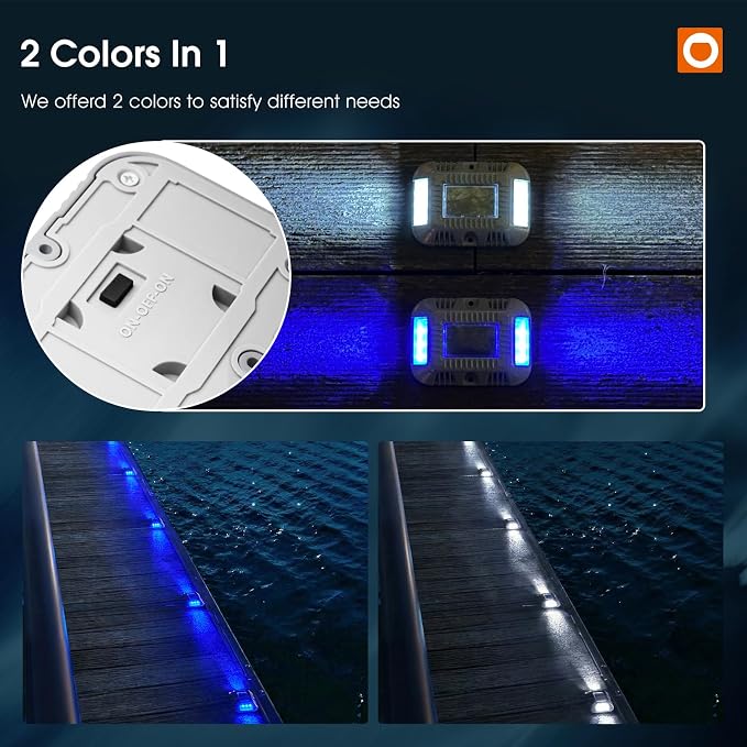 addlon Solar Dock Lights Marine 1 Pack, 2CCT Outdoor Driveway Marker Deck Lights, IP67 Waterproof, Solar Powered Deck Light for Pathway Warning Step Sidewalk Patio, Blue Light & Cool White, FCC