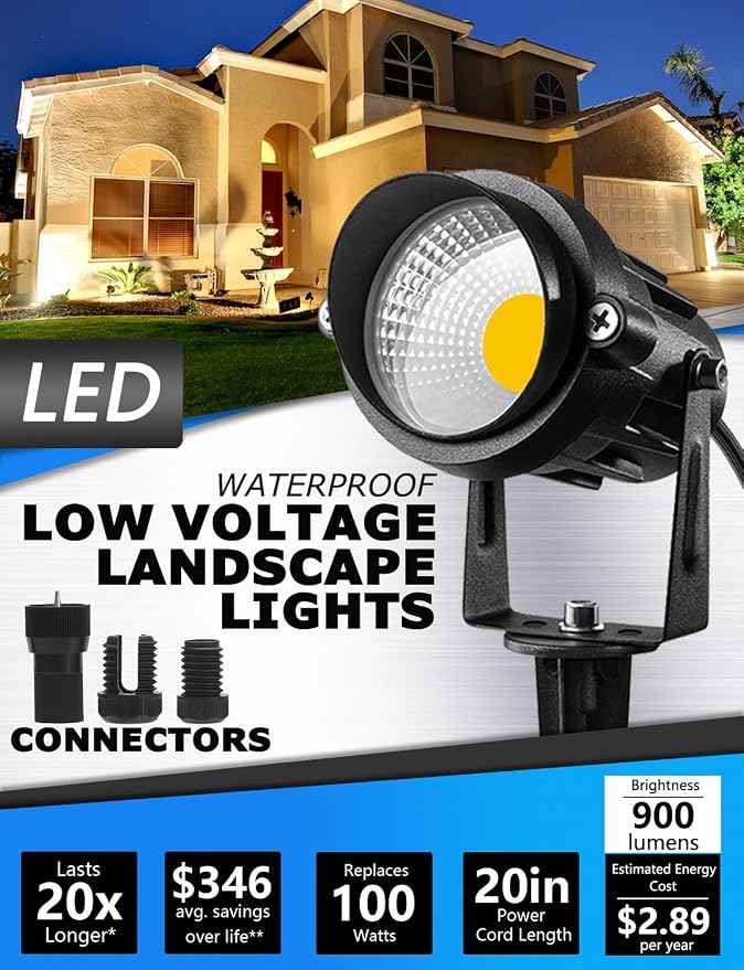 SUNVIE Low Voltage Landscape Lights Landscape Lighting with Connector 8Pack | Waterproof LED Landscape Lights Low Voltage Warm White 900LM Wall Tree Flag Outdoor Spotlights (Require Transformer))