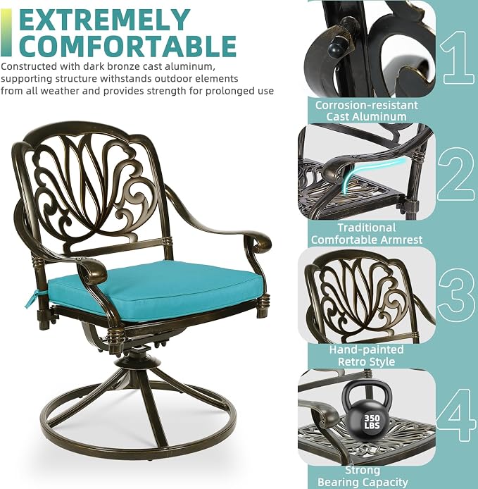 MEETWARM 7-Piece Outdoor Patio Dining Set, All-Weather Cast Aluminum Patio Conversation Set for Backyard Garden Deck with 6 Cushioned Swivel Rocker Chairs, 1 Rectangular Table, Ocean Blue
