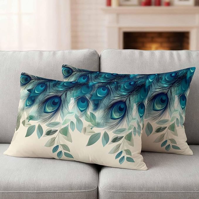 Teal Turquoise Outdoor Pillow Covers 20x12 Inch Lumbar Pillow Covers Set of 2 Waterproof Decorative Throw Pillow Cases Peacock Feathers Aesthetics Eucalyptus Cushion Covers for Patio Furniture Garden